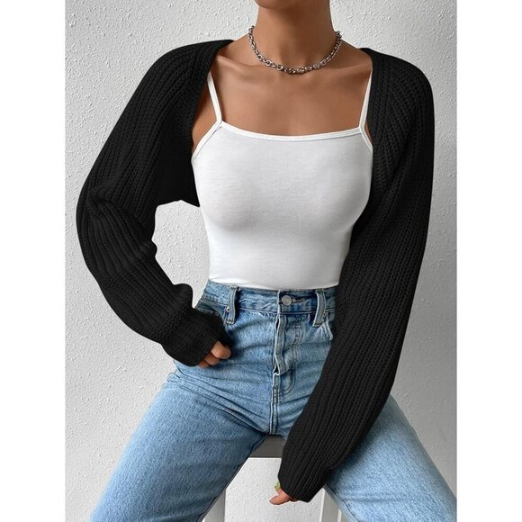 ❤️Women Black Qlarnaweer  Cropped Cardiga Bolero Shrug Sweater Open Front Knit - Picture 6 of 6